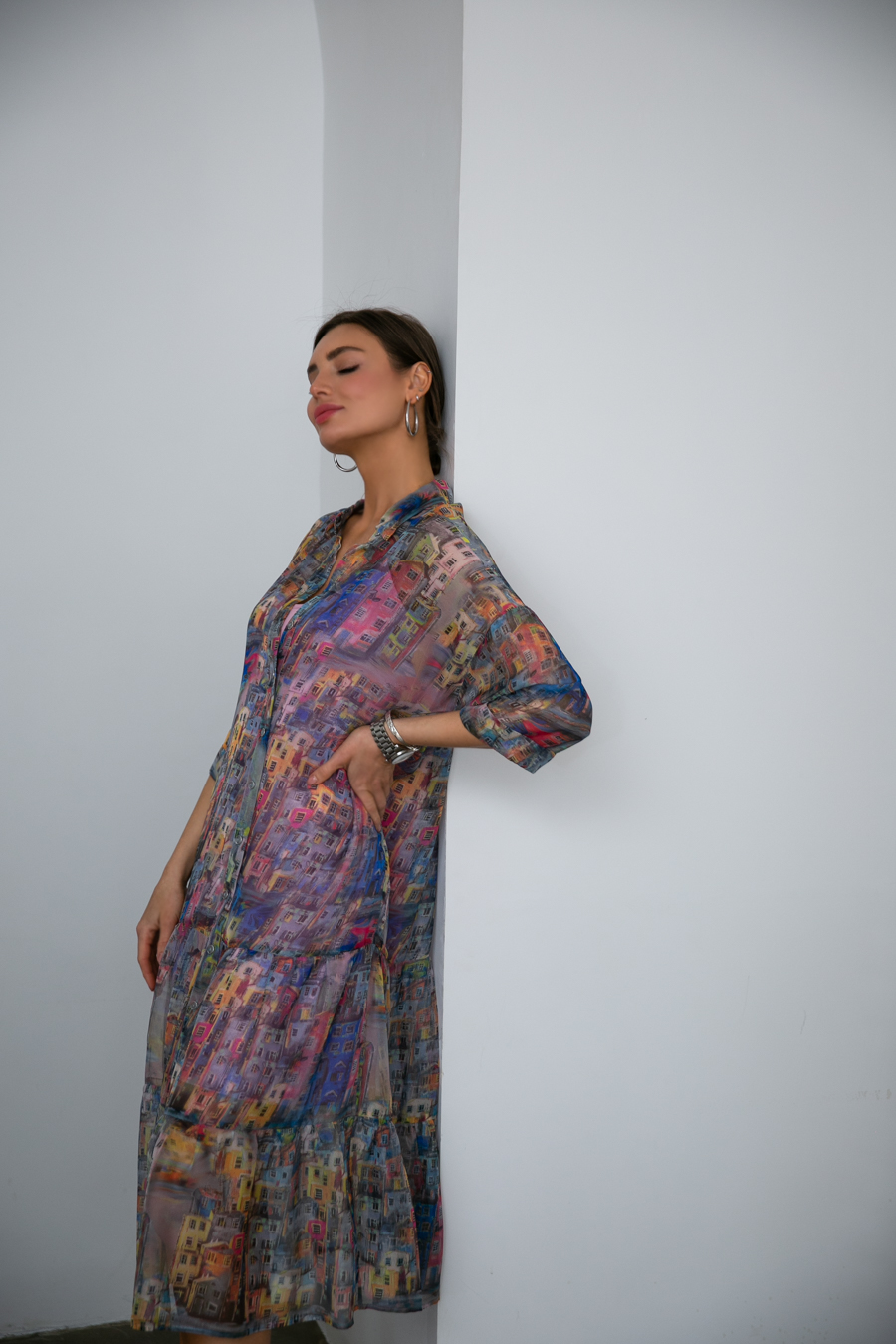 Мерида: шифоновое платье на пуговицах с принтом "домики" + платье и топ из трикотаж на регулируемых бретелях от Ритини