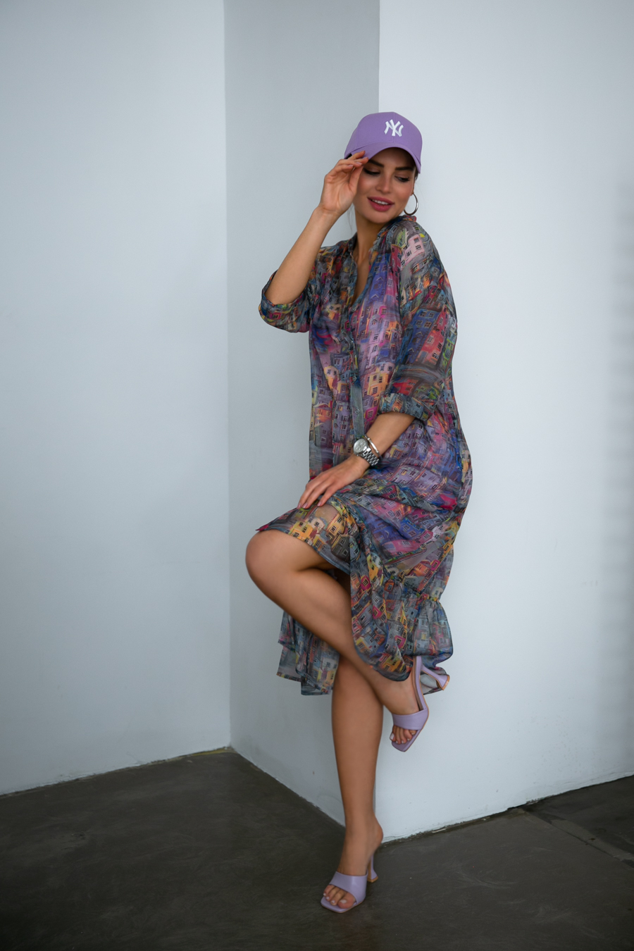 Мерида: шифоновое платье на пуговицах с принтом "домики" + платье и топ из трикотаж на регулируемых бретелях от Ритини